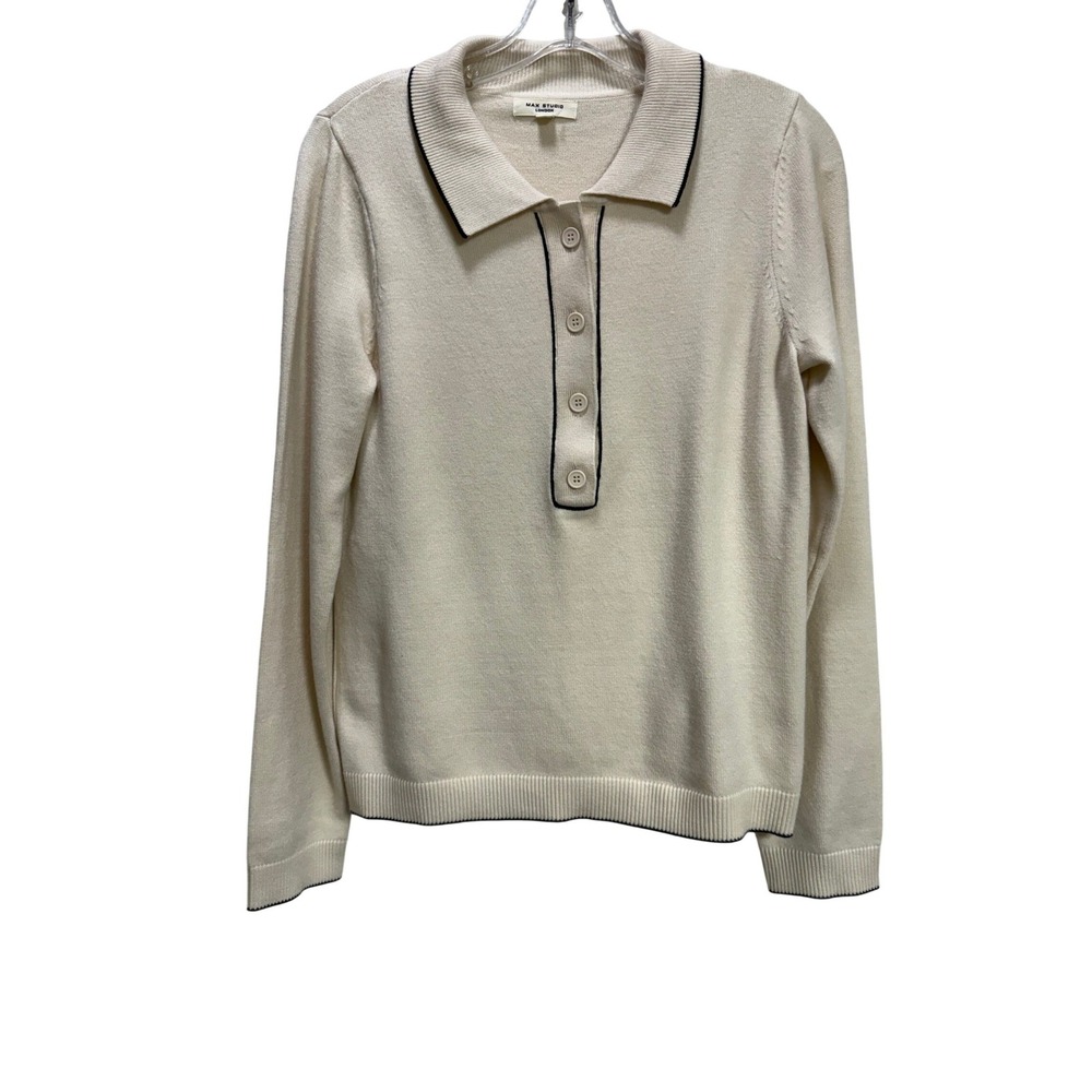 Max Studio London Polo  Johnny Collar Sweater Cream EUC Contrast Trim L SZ M